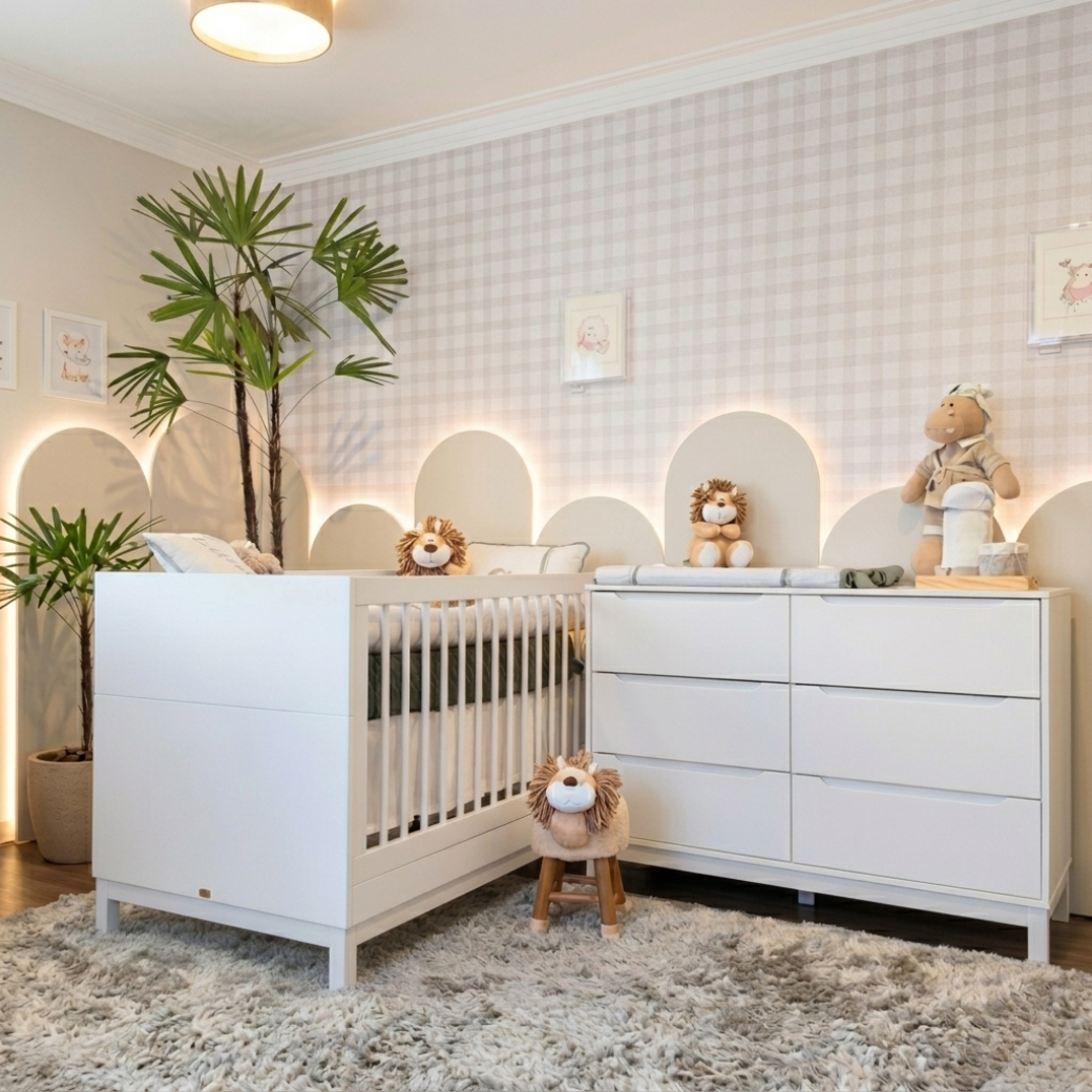 Berço e Cômoda acabamento branco fosco - linha cozy - marca quater