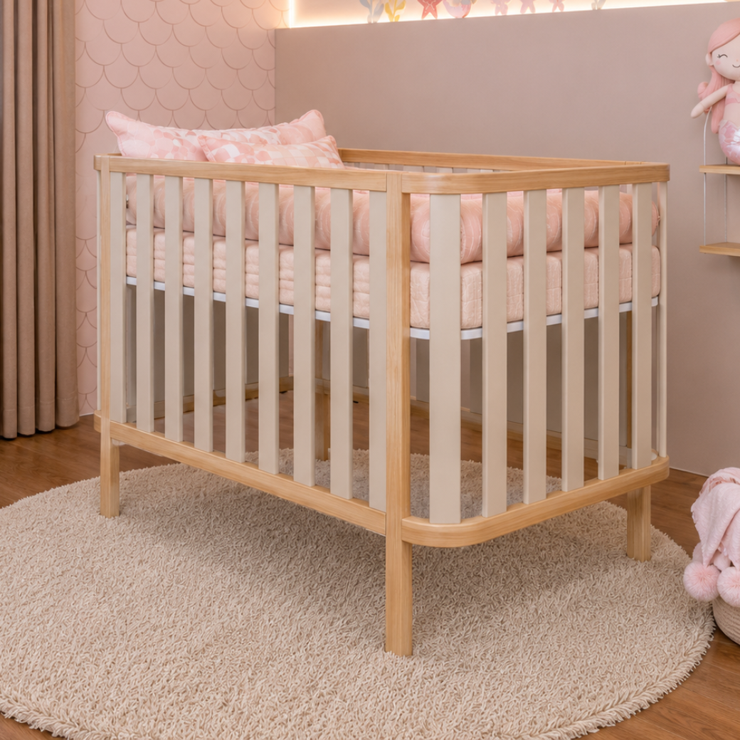 Berço e Mini Cama Madeira Maciça Areia | Linha Softy