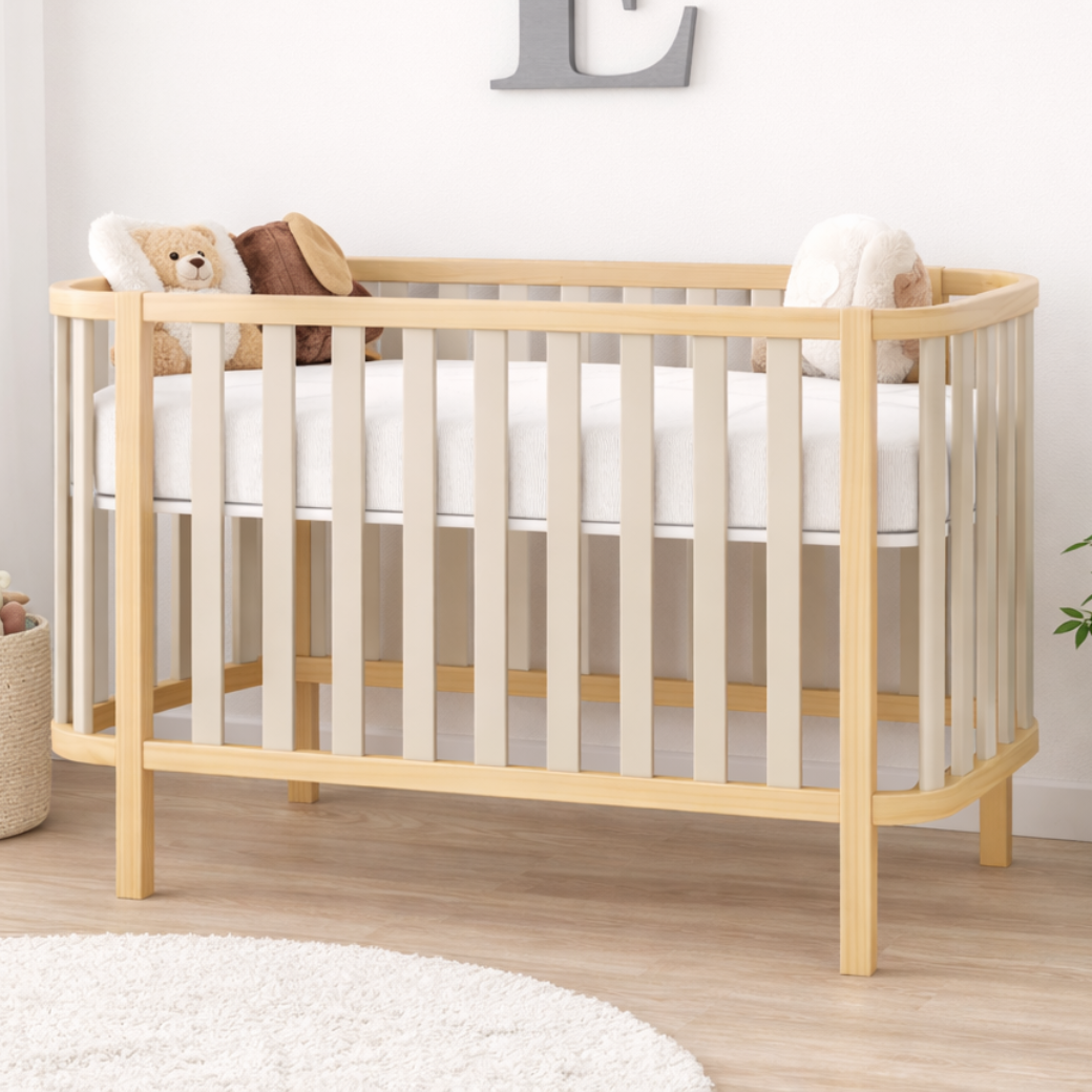 berço softy 2 em 1 areia feito em madeira maciça design premium quarto de bebê.