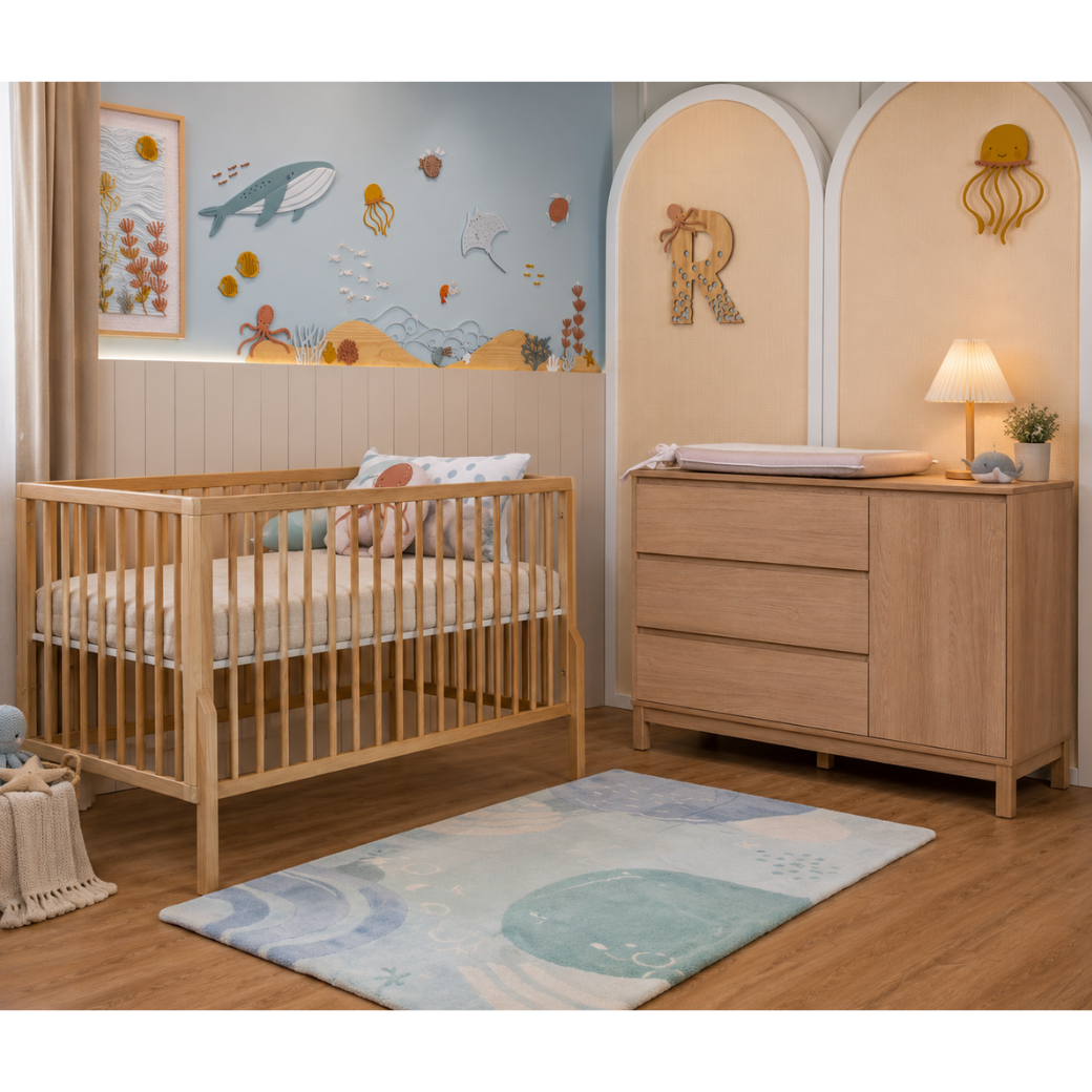 O charme do Berço Bold com a elegância da Cômoda Soley transformam o ambiente em um espaço acolhedor e cheio de estilo