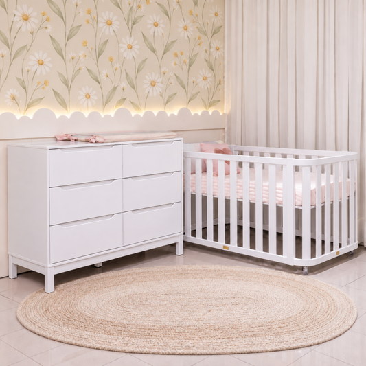 Berço Evolutivo 3 em 1 Loop e Cômoda 6 gavetas Cozy | Branco Fosco