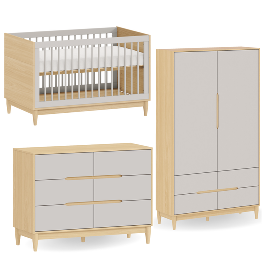 Quarto Completo Berço Cômoda e Guarda Roupa | Cinza Rosa ou Branco com Carvalho Malva