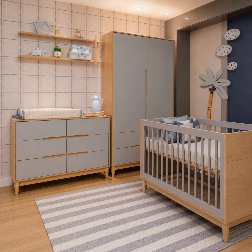 Quarto Completo Berço Cômoda e Guarda Roupa | Cinza com Carvalho Malva