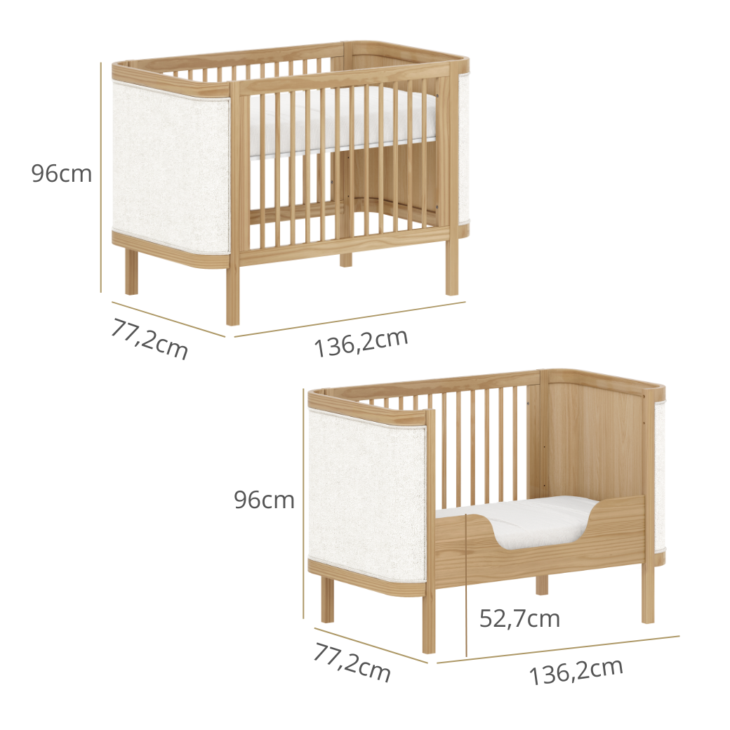Berço 2 em 1: Transforma-se em mini cama (barra inclusa).