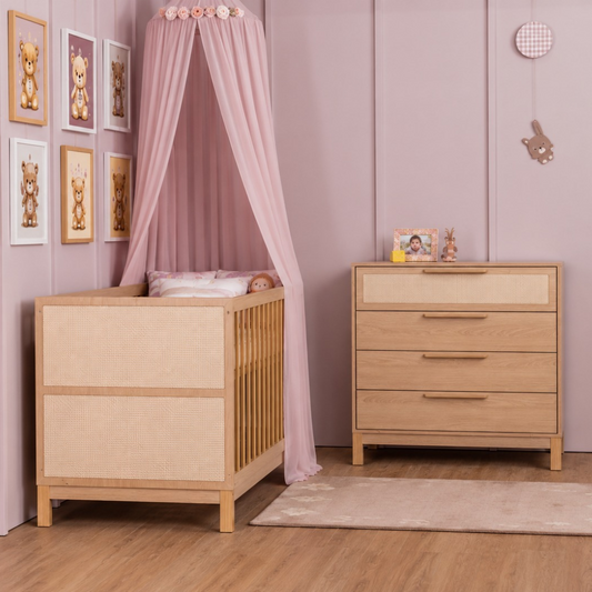 Berço Evolutivo 2 em 1 e Cômoda 4 gavetas MDF com Palha | Carvalho Malva