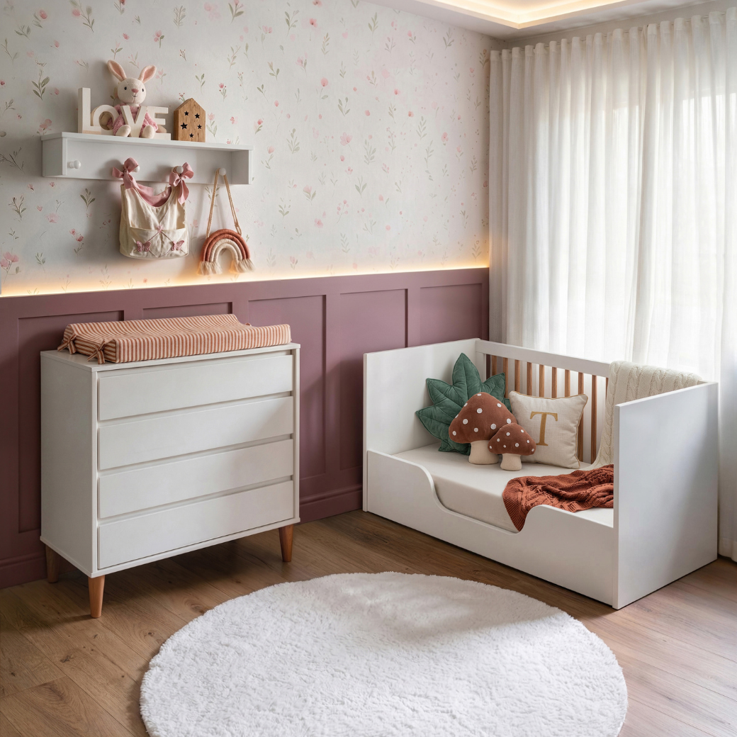 Conjunto Berço 2 em 1 e Cômoda 4 Gavetas MDF e Madeira Maciça | Branco com Nogueira