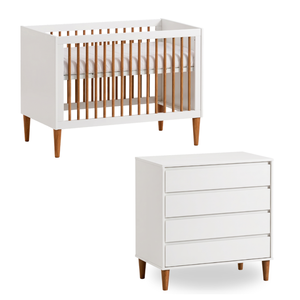 Conjunto Berço 2 em 1 e Cômoda 4 Gavetas MDF e Madeira Maciça | Branco com Nogueira