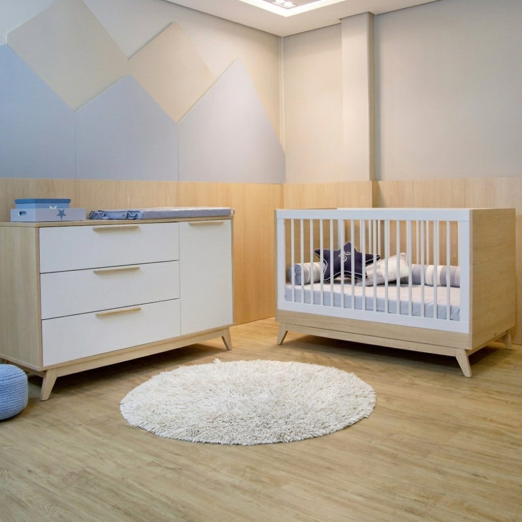 Conjunto Berço e Cômoda em MDF 18mm | Branco com Carvalho Malva