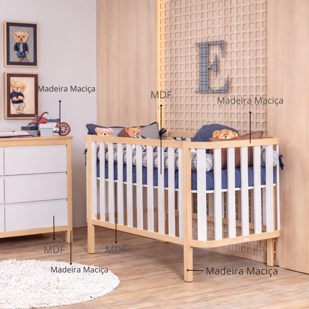 Berço e Cômoda com detalhes do material, sendo madeira maciça e MDF.
