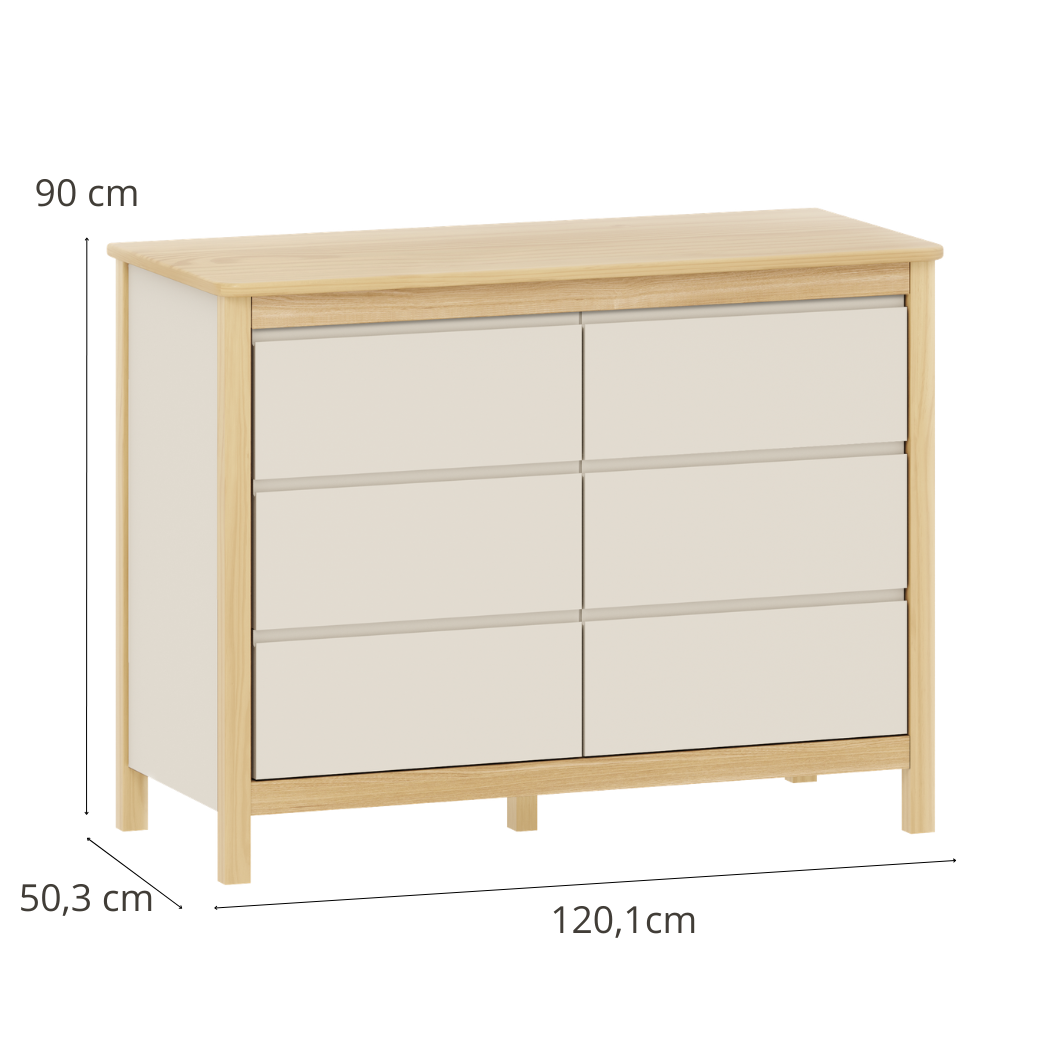 Cômoda grande com 120cm de largura e 6 gavetas.