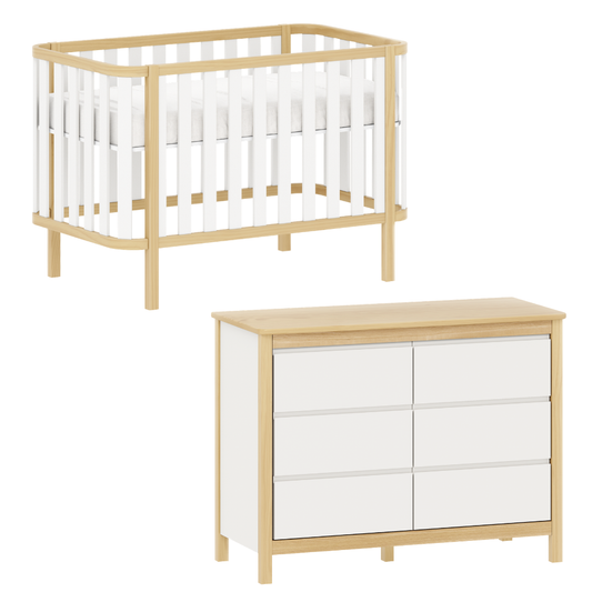 Conjunto Berço e Cômoda 120cm Softy | Branco com Carvalho Malva