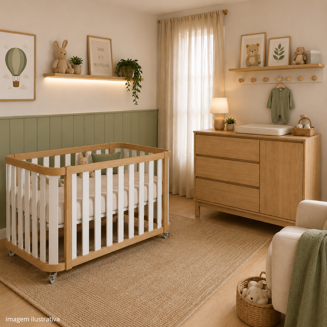 Quarto infantil, com  berço da linha Loop e cômoda Soley.