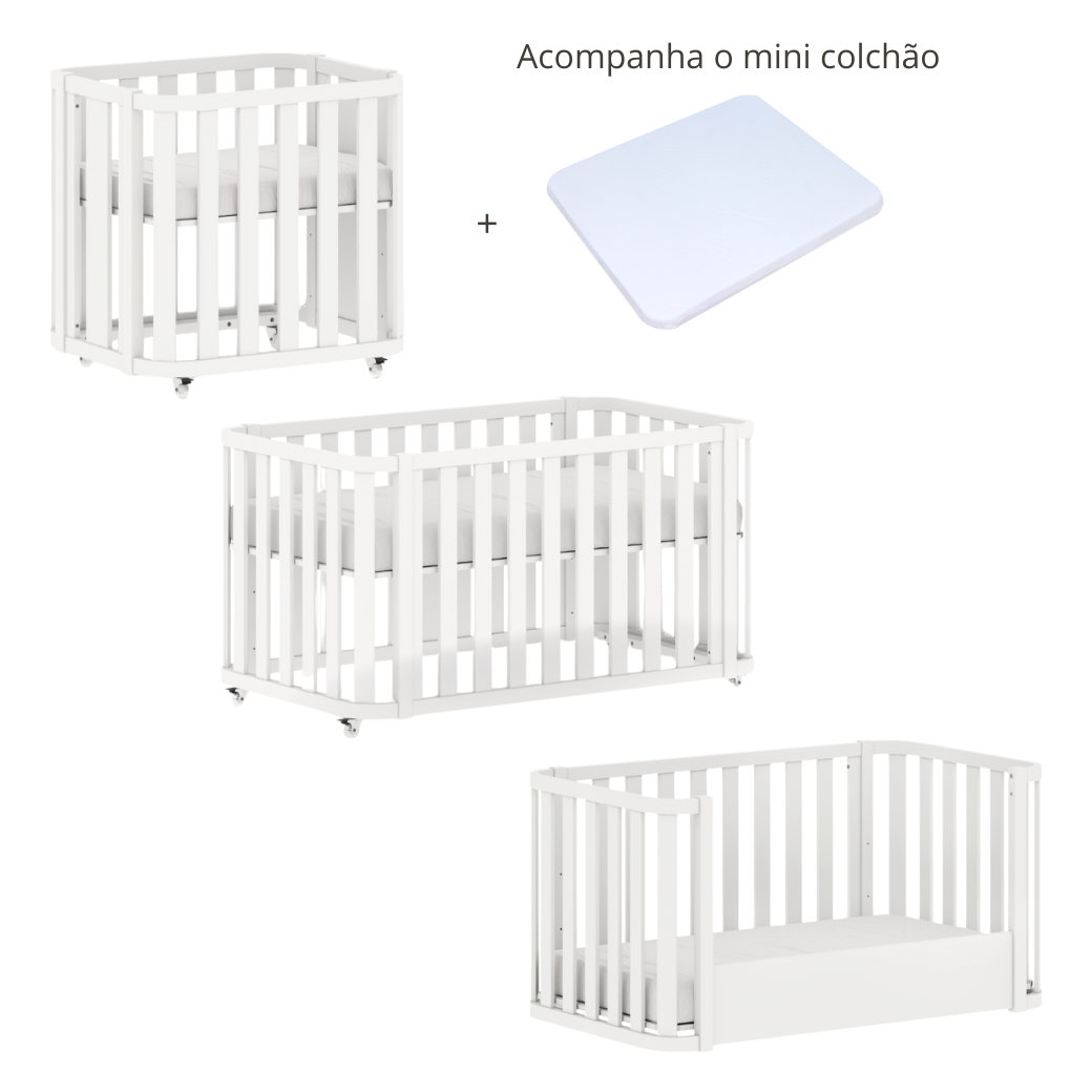Berço Evolutivo 3 em 1 Loop e Cômoda 6 gavetas Cozy | Branco Fosco