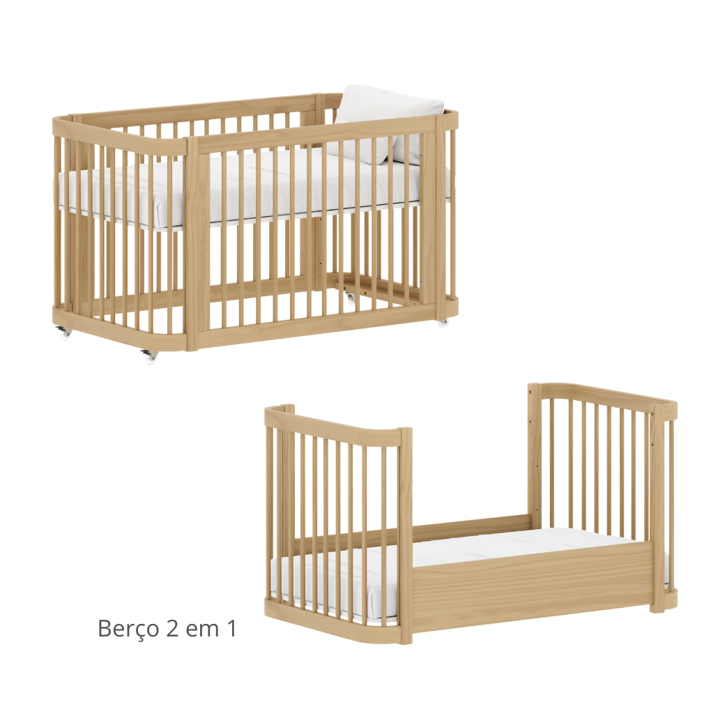 Berço evolutivo 2 em 1, Berço e depois transforma-se em mini cama com as peças já inclusas.