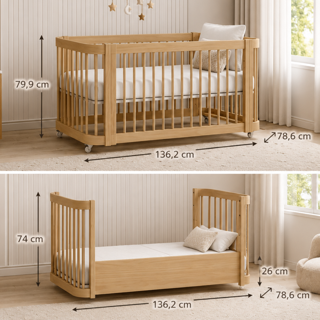 Berço e mini cama, da linha Evolutiva da Quater Móveis.