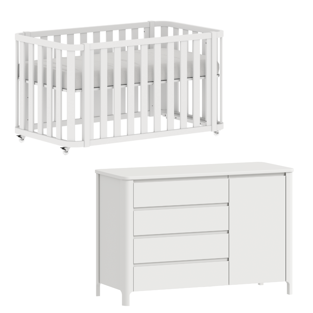 Conjunto Berço 2 em 1 Loop + Cômoda Bloom 4 Gavetas com Porta - Branco Fosco