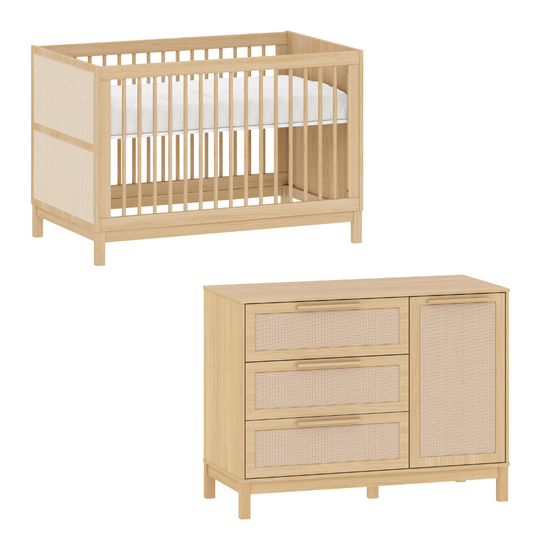 Conjunto Quarto de Bebê Indy – Berço Americano + Cômoda com Porta e Gavetas em MDF com Palhinha Natural