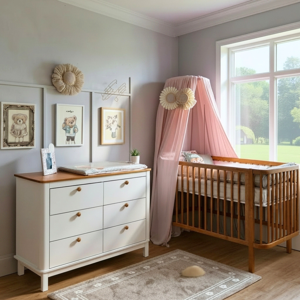 Conjunto Móveis Quarto Bebê – Berço 2 em 1 e Cômoda 6 Gavetas com Tampo de Madeira cor Nogueira