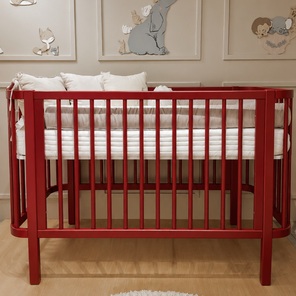 Berço de Madeira Maciça 2 em 1 Linha Kurve Prisma | Vermelho Cherry
