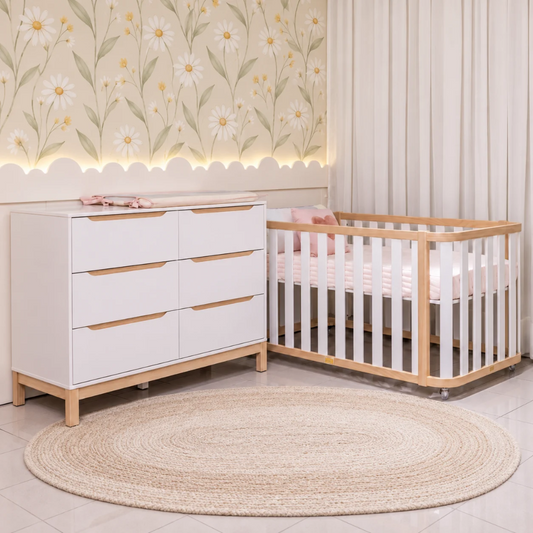 Berço 3 em 1 Loop + Cômoda Cozy 6 Gavetas | Branco com Carvalho Malva