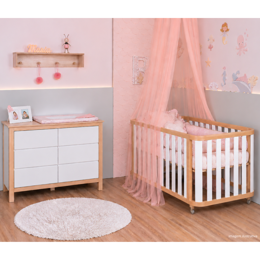 Conjunto Berço vira Cama e Cômoda Madeira Maciça 6 gavetas