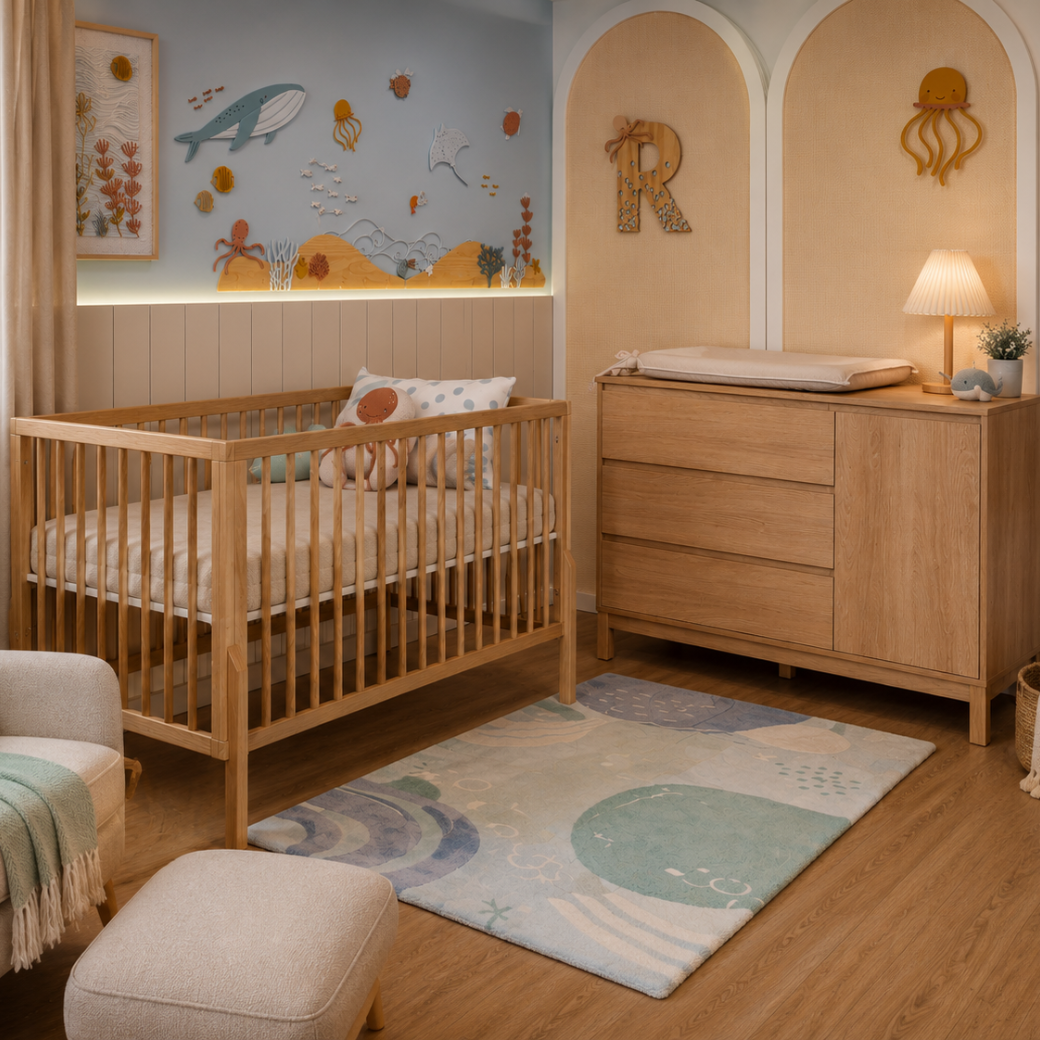 O Berço Bold com a Cômoda Soley formam uma combinação perfeita para um quarto de bebê moderno, sofisticado e acolhedor