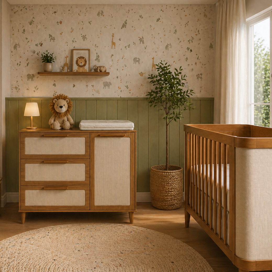 Conjunto Berço com Cômoda Premium em Madeira Nogueira para Quarto de Bebê