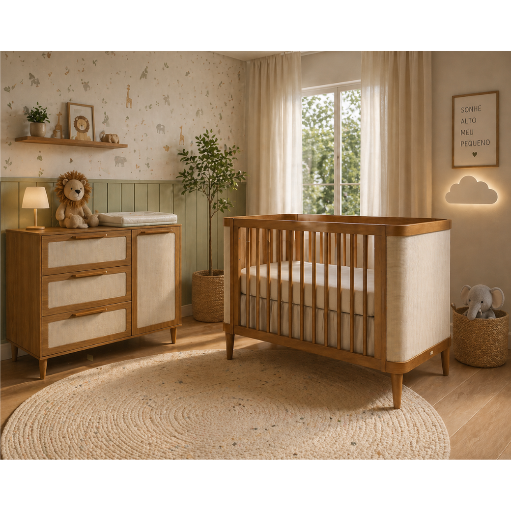 Berço Americano e Cômoda Infantil Sofisticada em Madeira Nobre Nogueira