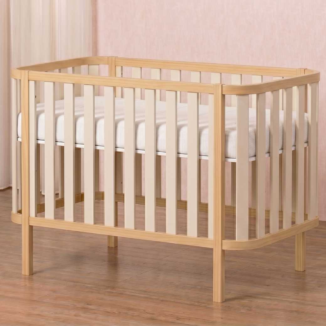 Berço 2 em 1, (berço e mini cama) lançamento Quater, nas cores Carvalho Malva e areia, com pés, modelo alto