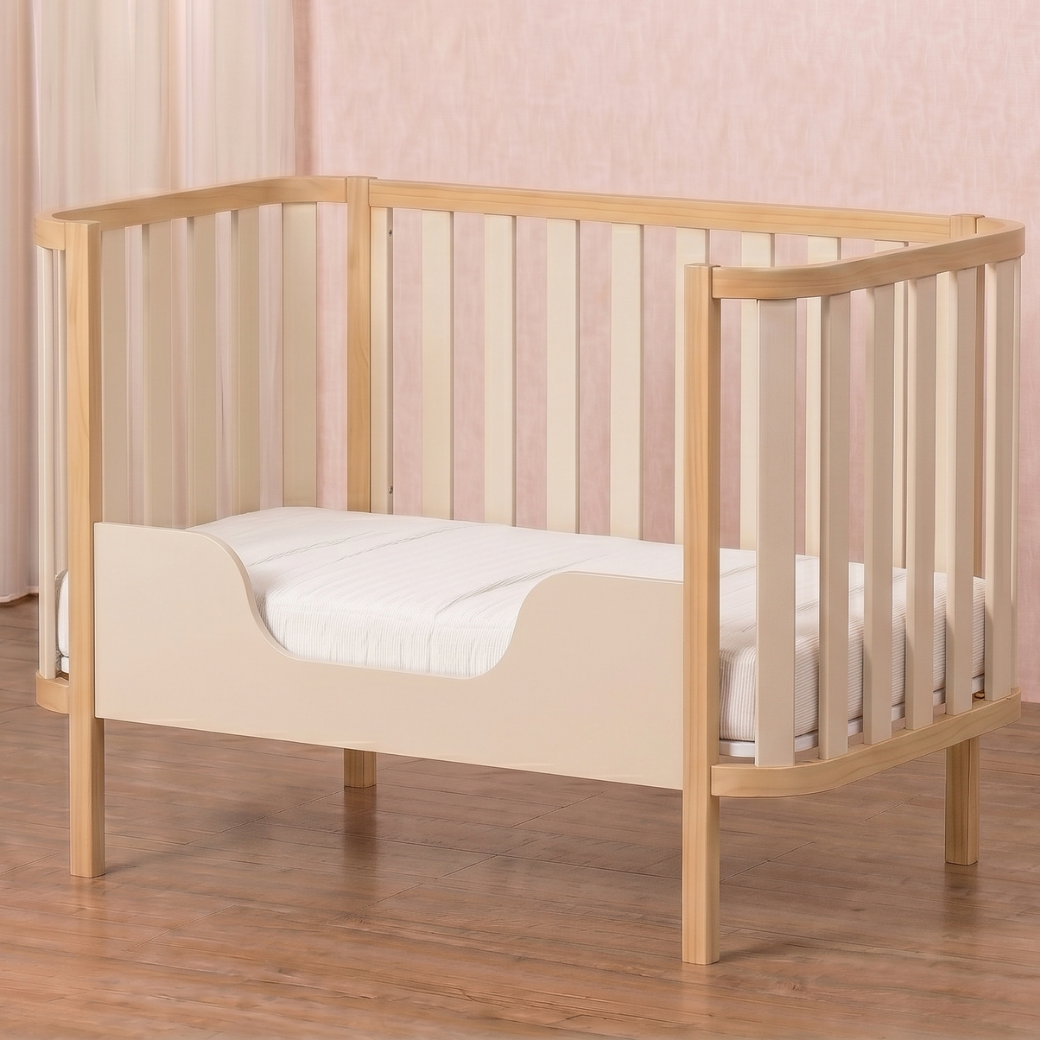 Mini cama, linha Soft, lançamento Quater Móveis, acompanha a barra de proteção, cor Carvalho Malva e areia