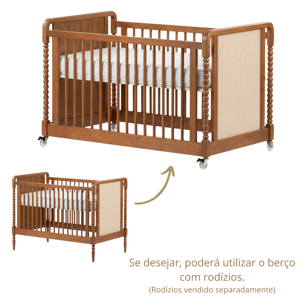 Berço Madeira Maciça Nogueira com Rattan | Linha Solene