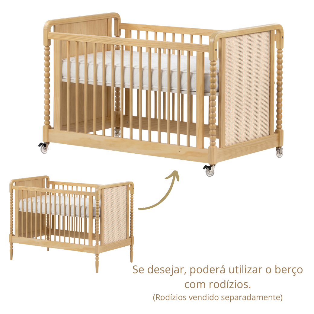 Berço em Madeira Maciça com Rattan na cor Natural 2 em 1 | Linha Solene