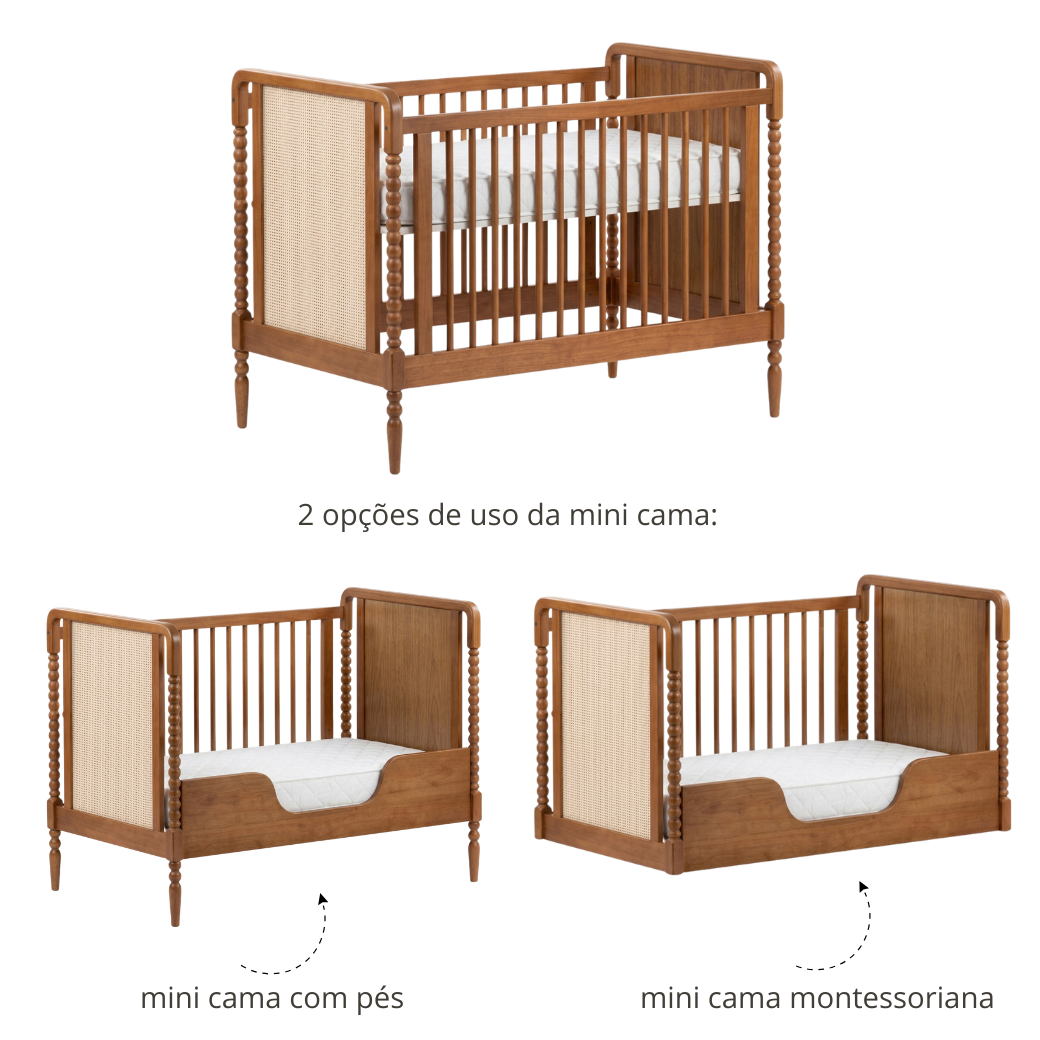 Berço Madeira Maciça Nogueira com Rattan | Linha Solene