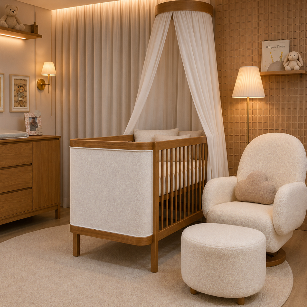 Design sofisticado, acabamento premium e máximo aconchego para a rotina da maternidade, berço e cômoda Soley, poltrona curve.