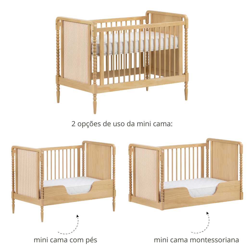 Berço em Madeira Maciça com Rattan na cor Natural 2 em 1 | Linha Solene