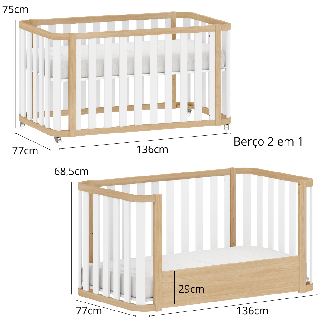 Conjunto Berço vira Cama e Cômoda Madeira Maciça 6 gavetas