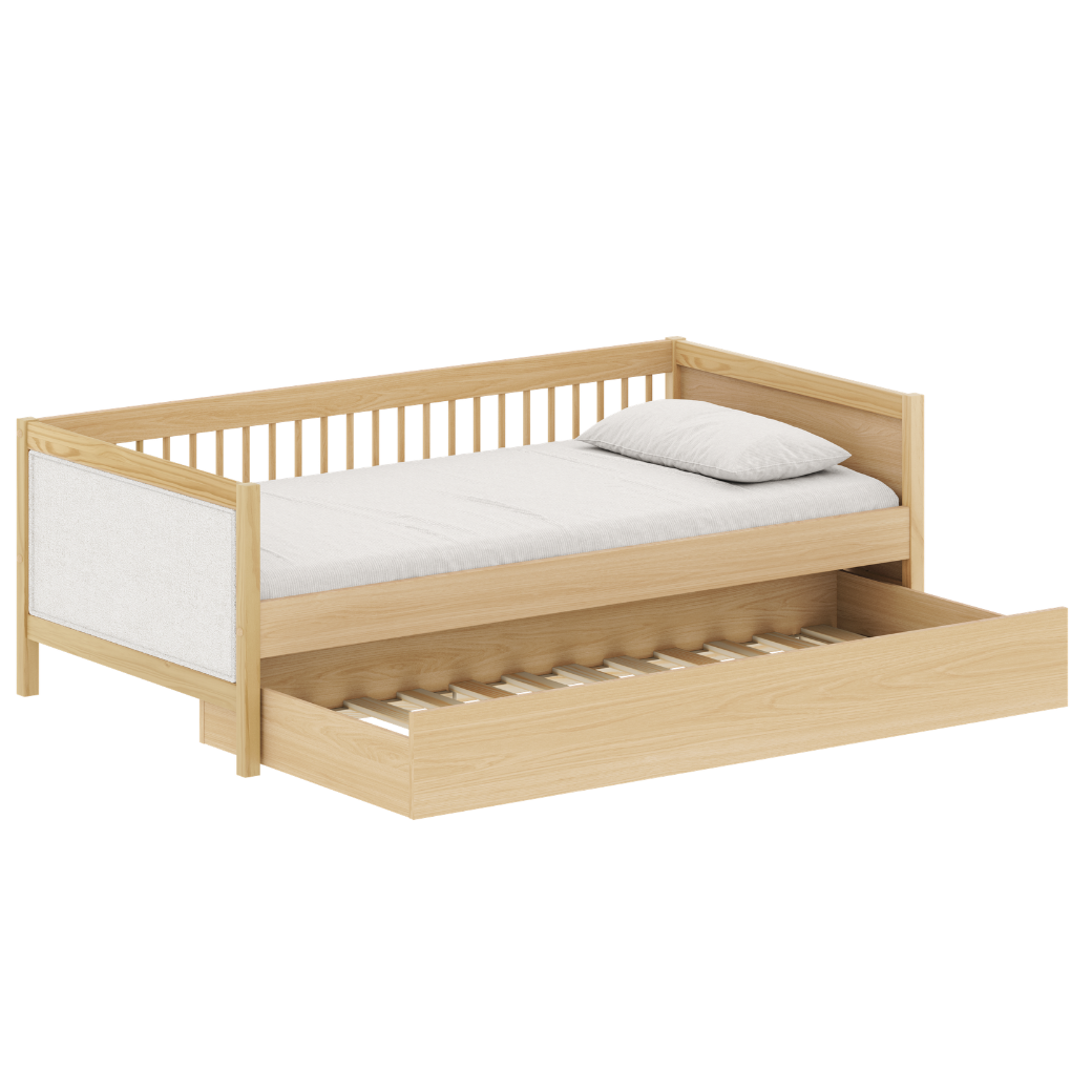 Bicama Soley com Cabeceira em Bouclé
Design: Linhas retas com detalhes em madeira aparente e cabeceira estofada.