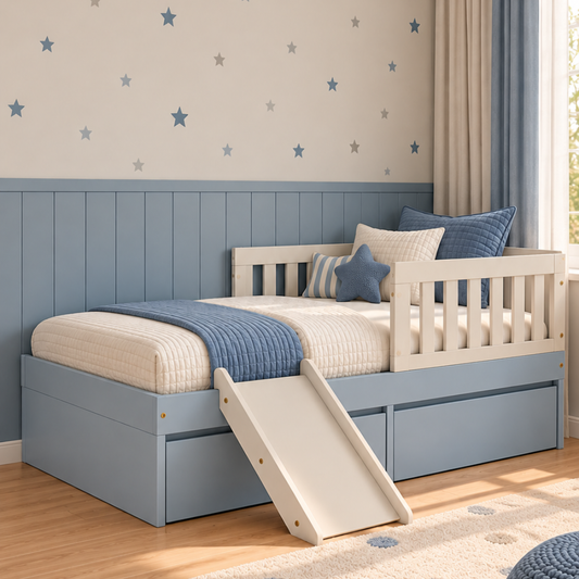 Cama Infantil Gavetas Azul com Areia | Proteção Lateral e Escorregador Linha Play