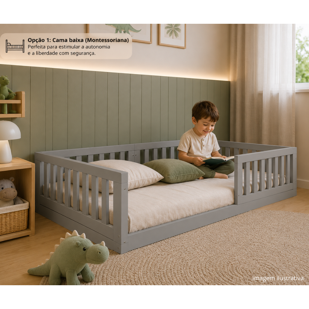 A Cama Play, estilo montessoriana com grade proporciona mais autonomia, conforto e segurança para acompanhar as primeiras fases da infância.