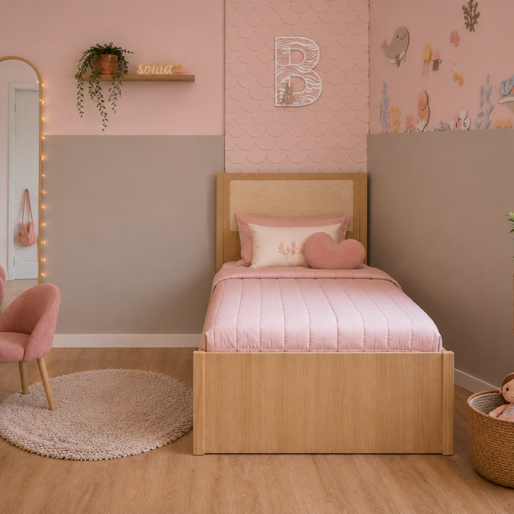 Cama na cor Carvalho Malva, Acabamento neutro permite que o móvel continue a combinar com o quarto mesmo na adolescência.