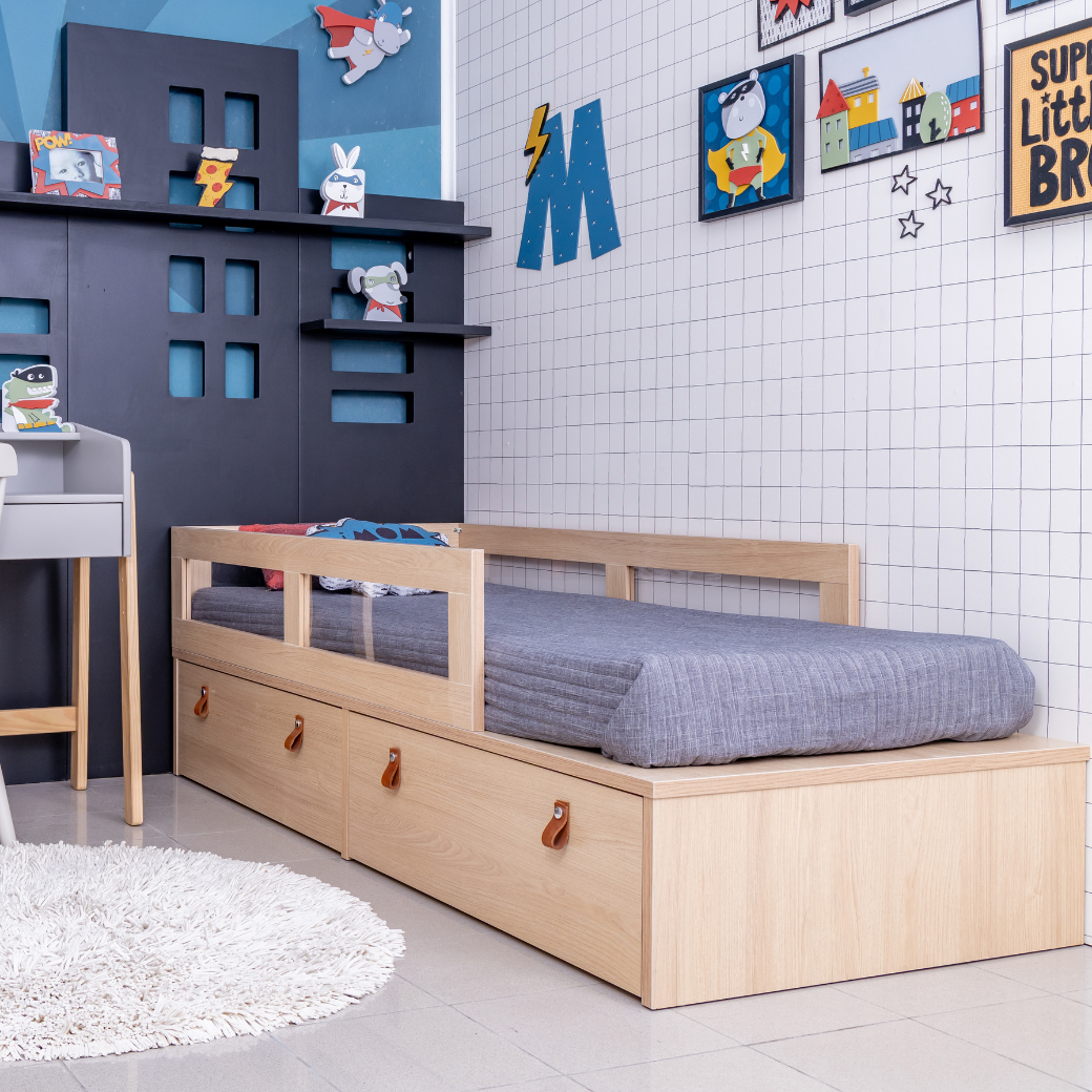 Cama Infantil com Gavetas e Grade de Proteção Lateral – Linha Join | Carvalho Malva e Branco