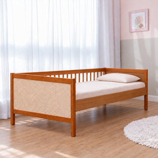 Cama Solteiro de MDF com Palha Nogueira com Louro Freijó | Linha Paglia