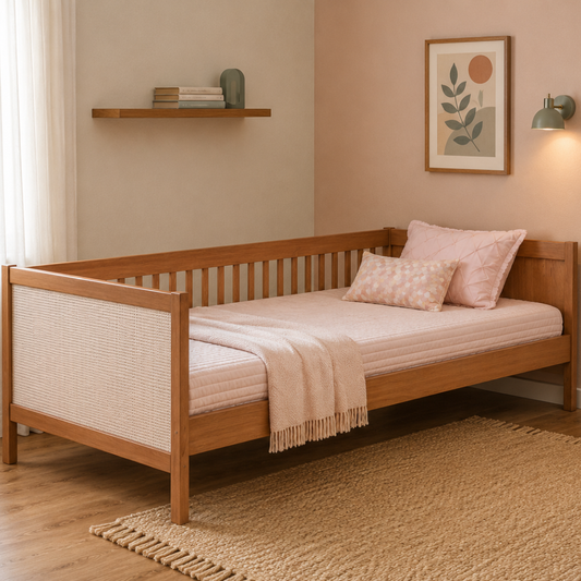 Cama Solteiro de MDF com Palha Nogueira com Louro Freijó | Linha Paglia