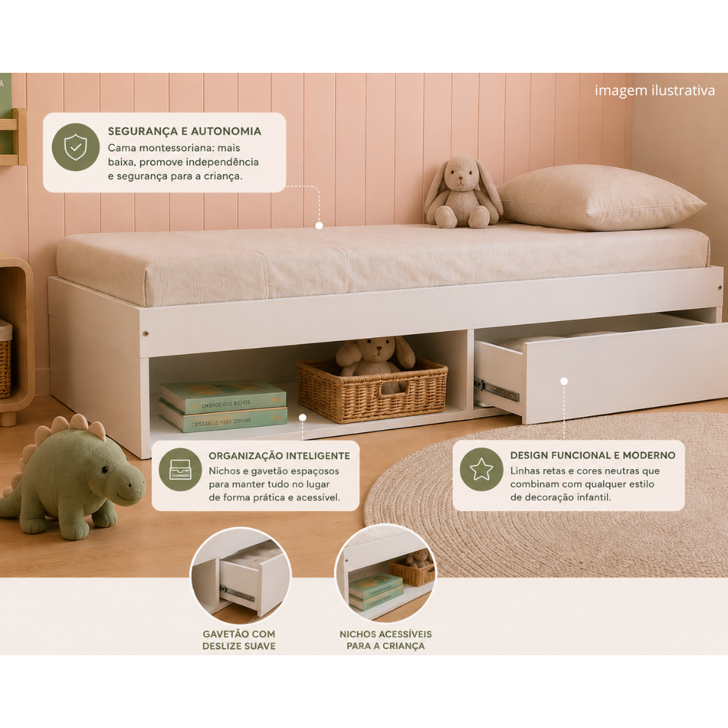 Cama Infantil com 1 gaveta  e nicho Linha Play