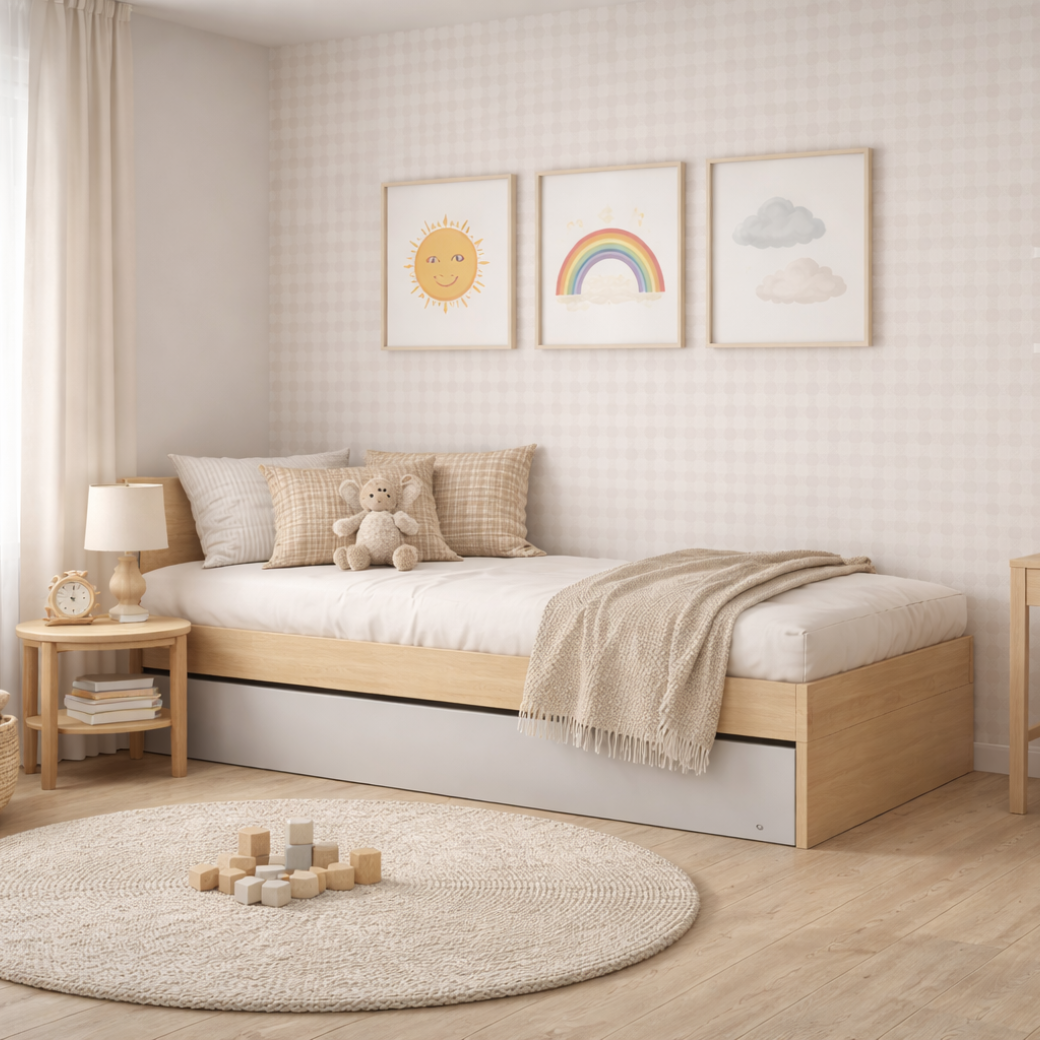 Bicama para Quarto Infantil com a frente da cama auxiliar na cor Cinza.