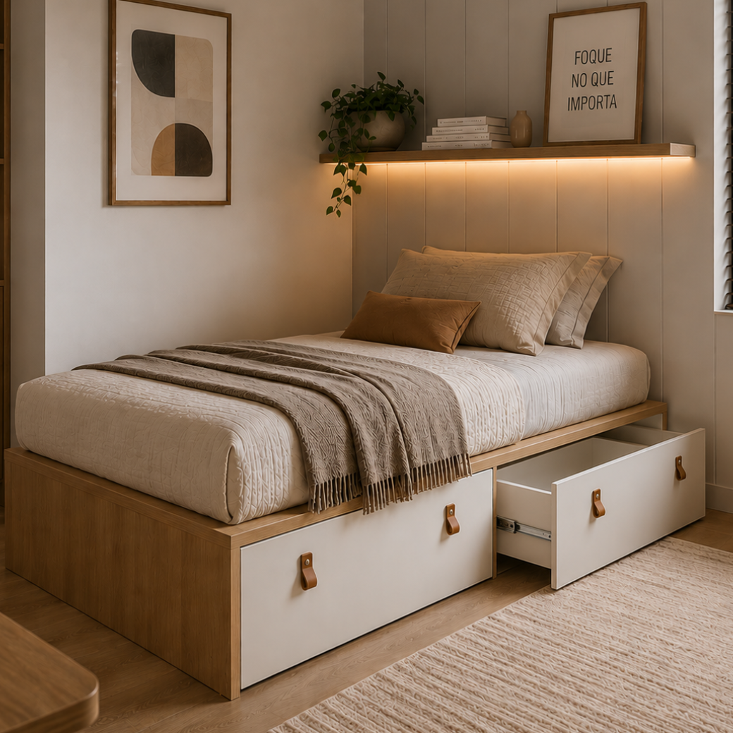 A cama Join, possue gavetas amplas.
