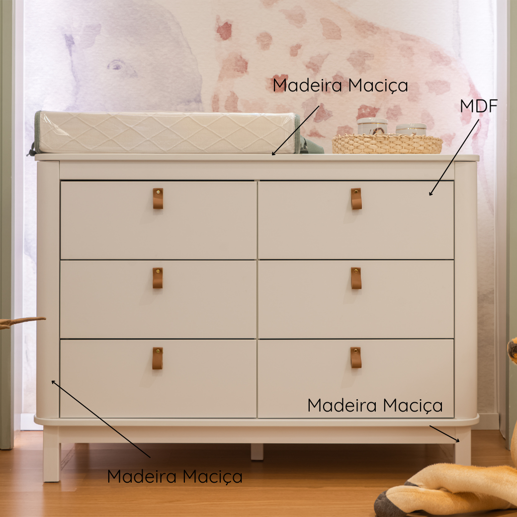 Detalhes do material da cômoda cromo, aonde temos a madeira maciça e MDF.