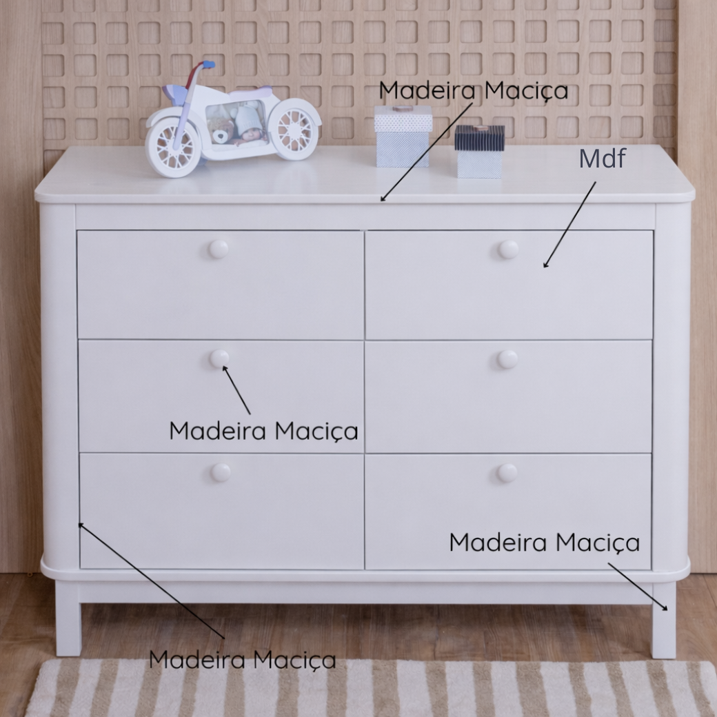 Cômoda em Madeira Maciça e MDF, acabamento laqueado branco.