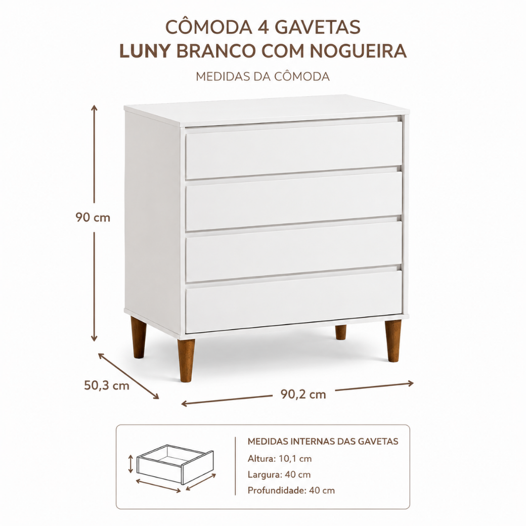 Cômoda Infantil 4 Gavetas Luny | Branco com Nogueira