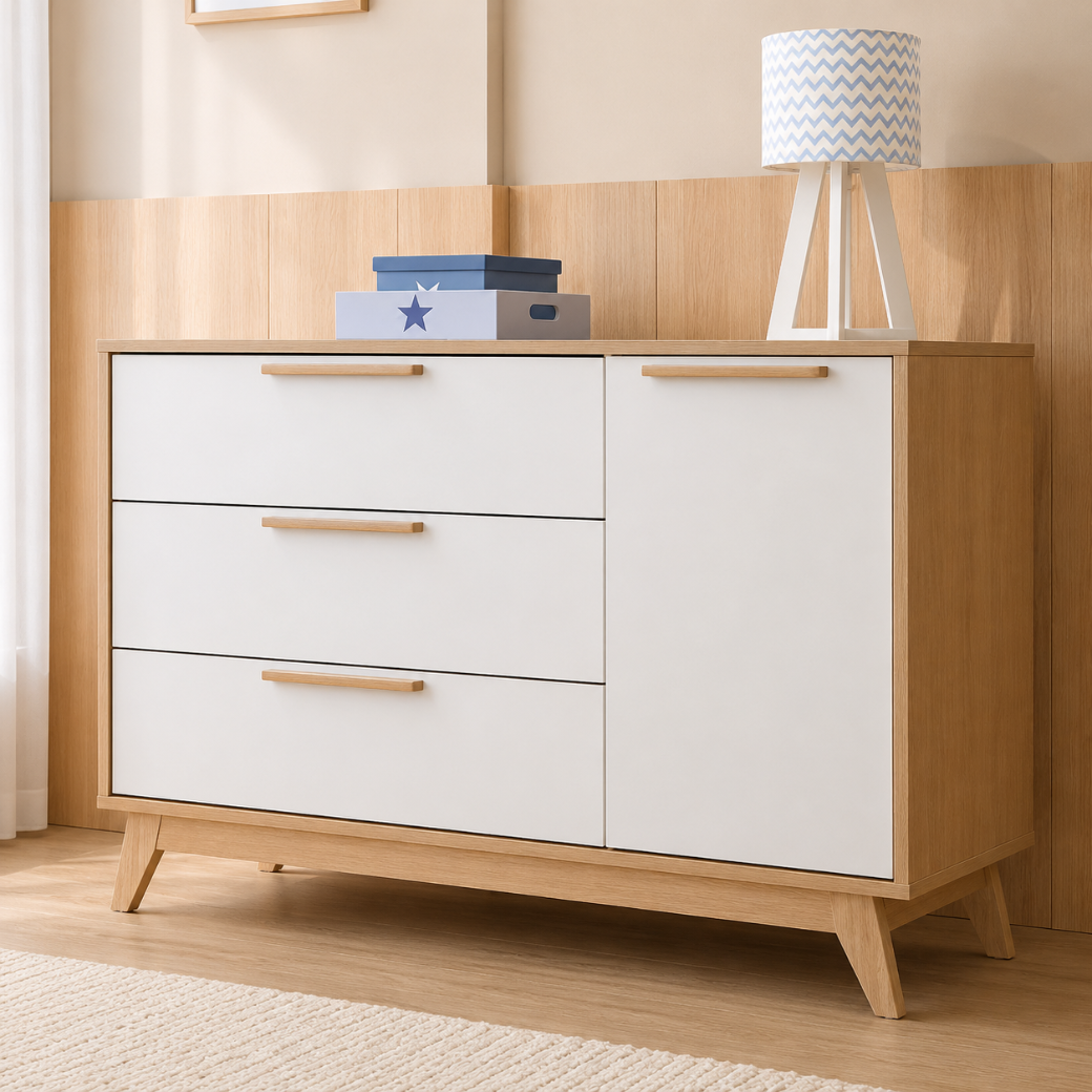 Cômoda Infantil Petit 3 gavetas e 1 porta Branco com Carvalho
